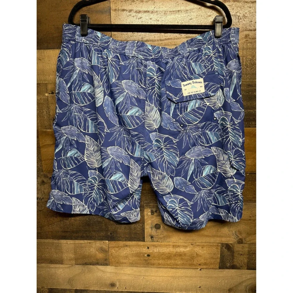 Tommy Bahama Mens XXL Blue Tropical Leaf Print Swim Trunks Mesh Lined 8in Inseam
